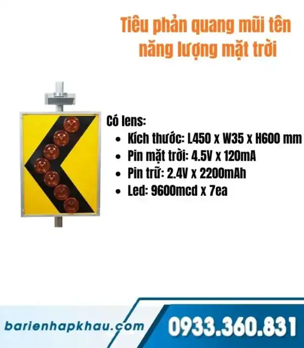 Biển báo phản quang mũi tên năng lượng mặt trời, cảnh báo an toàn giao thông.